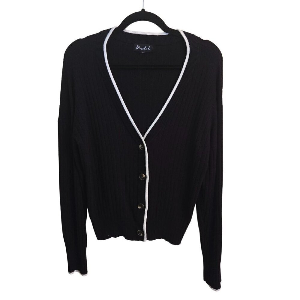 Marled Dark Academia Black Cream Trim Ribbed Boyfriend Cardigan Sweater Size M
